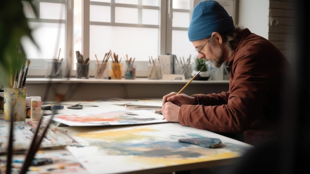 The male painter sitting in the studio using watercolor on his art Generative AI AIG21