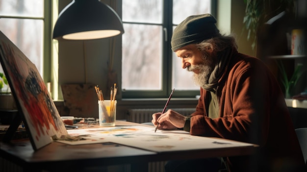 The male painter sitting in the studio using watercolor on his art Generative AI AIG21