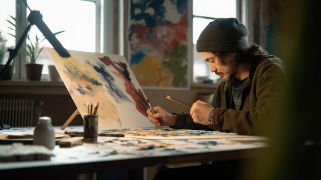 The male painter sitting in the studio using watercolor on his art Generative AI AIG21