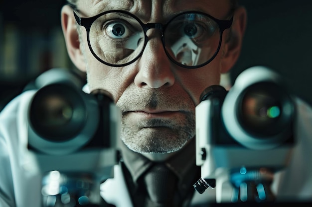 Male pathologist examining slides under a microscope in a laboratory