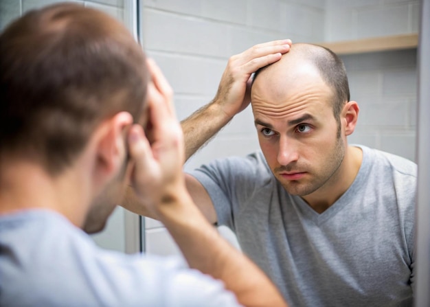 Photo male pattern hair loss concept young man worried about balding in mirror alopecia image