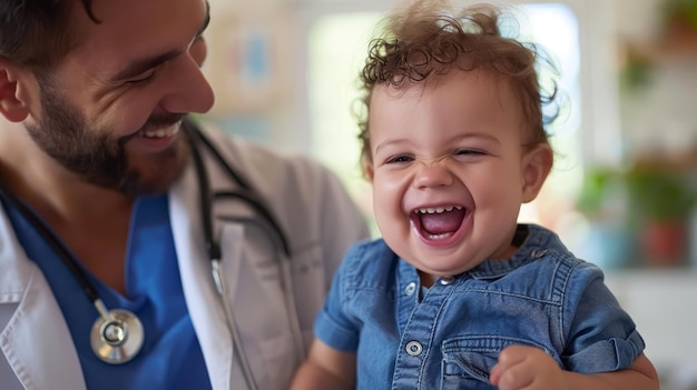 Photo a male pediatrician in a white coat and stethoscope shares a joyful laugh with a toddler in a denim