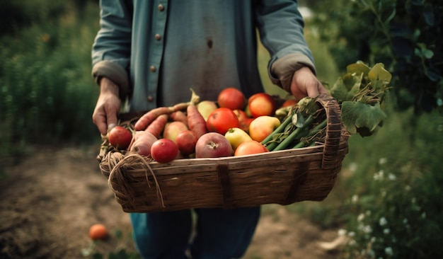 Male person holding basket of fresh vegetables and fruits