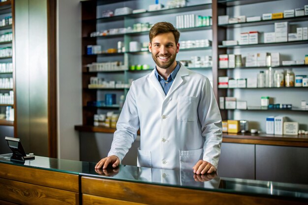 Photo a male pharmacist stands behind a counter with a glass top