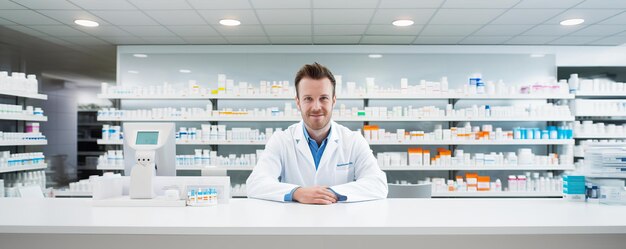 Photo a male pharmacist stands behind a counter with a sign that says pharmacist