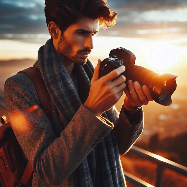 A male photographer photographing at sunset World photography day concept