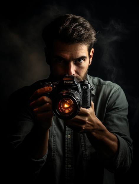 A male photographer with a camera takes photos in a dark copy space