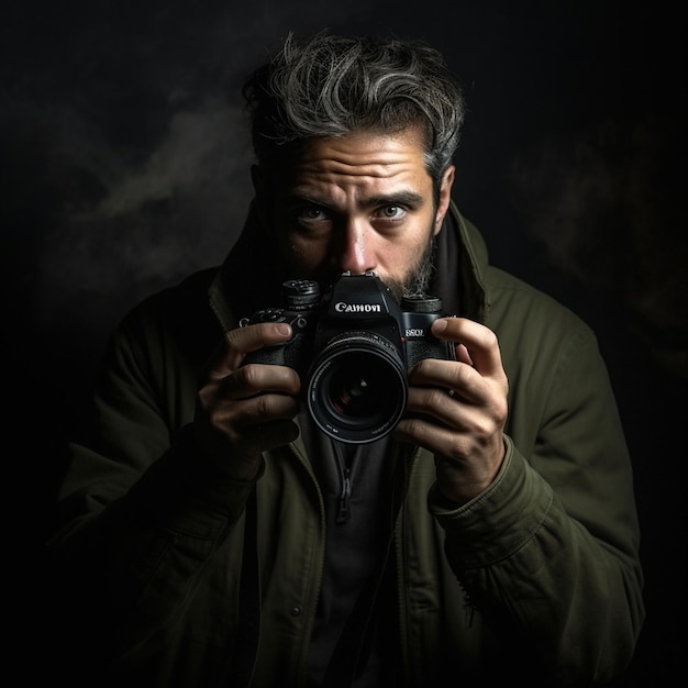 A male photographer with a camera takes photos in a dark copy space