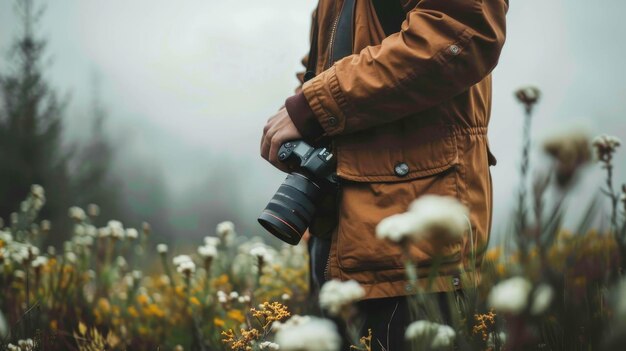 Photo a male photographer in a yellow jacket with a camera in his hands walks through a chamomile field