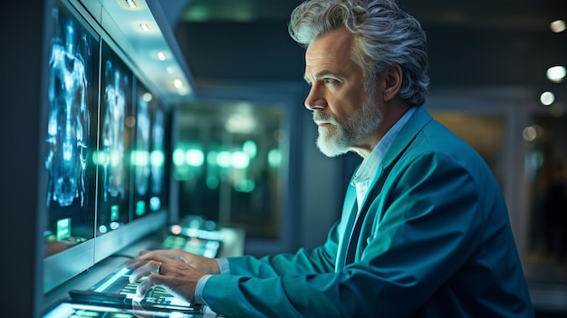 A male physician looking at a brain CT scan