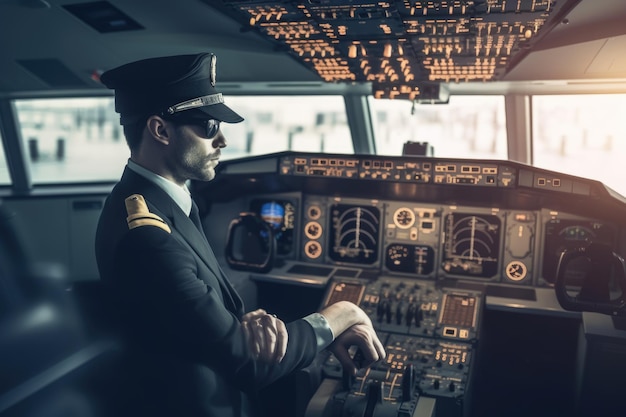 A male pilot in captain's uniform in an indoor airport setting Generative AI AIG21