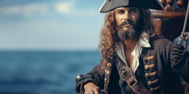 Photo male pirate on a ship against the backdrop of a calm sea with copy space