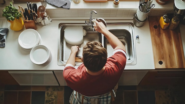 Photo male plumber repairing kitchen sink top view professional plumbing service concept