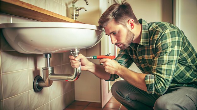 Photo male plumber using wrench to fix leaking sink in home bathroom