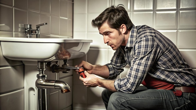 Photo male plumber using wrench to fix leaking sink in home bathroom