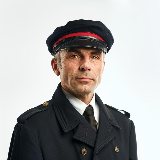 male police office with uniform and hat standing isolated on white background