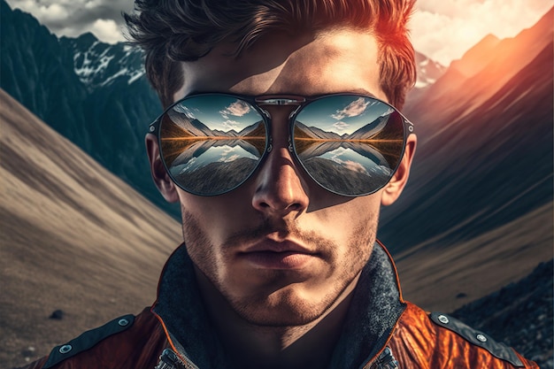 Male portrait wearing sunglasses with wondrous reflection of sky and mountain