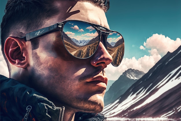 Male portrait wearing sunglasses with wondrous reflection of sky and mountain