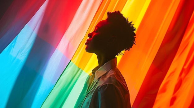 Photo male portrait of young adult gay with lgbt flag on background pride month african american man pic