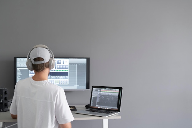 A male producer in headphones doing music at home using computer