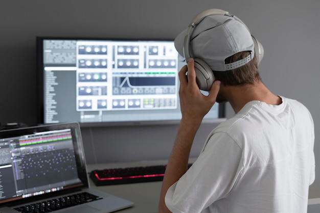 A male producer in headphones doing music at home using computer