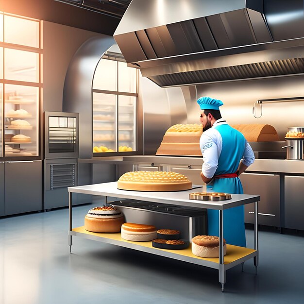 Male professional chef baker working in commercial bakery kitchen on stainless steel table counter