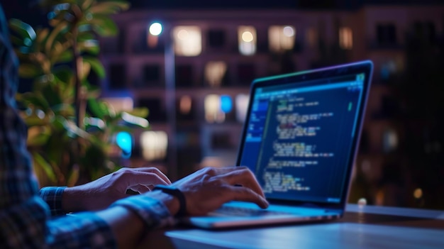 Photo male programmer coding on laptop at night with urban background illumination