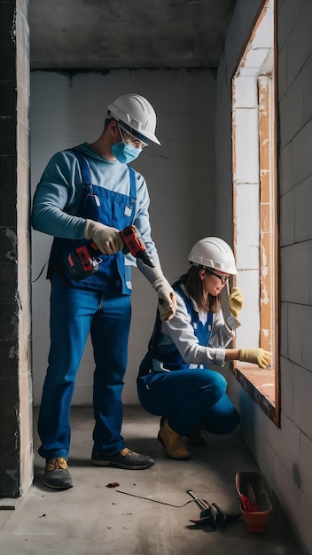 Male in protective mask standing with drill and female hiding under white hardhat renewing their fl