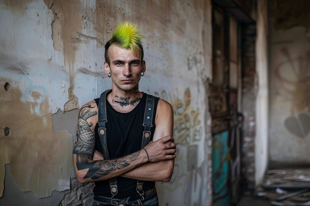 Photo male punk person standing by the wall in abandoned building male punk person with yellow mohawk hair