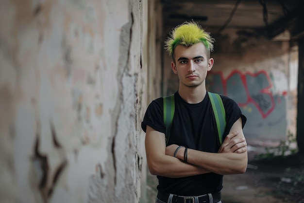 Photo male punk person standing by the wall in abandoned building male punk person with yellow mohawk hair