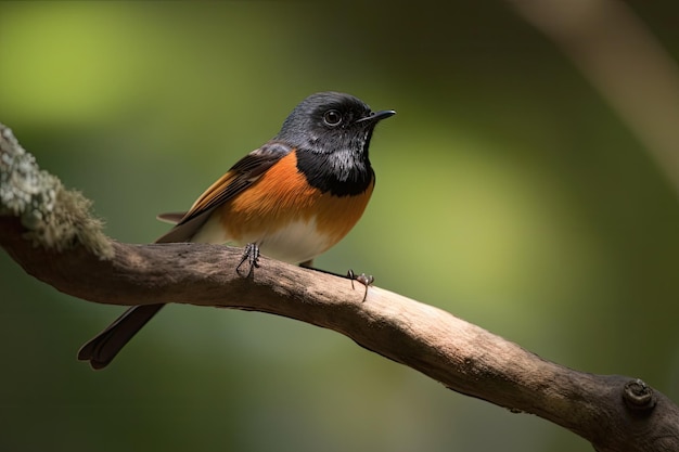 Male redstart bird resting on tree branch with wings spread created with generative ai