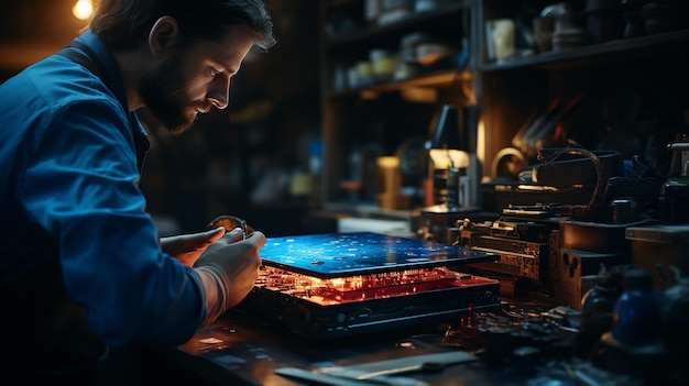 A Male Repairman Wearing Blue Gloves Is Holding A Hard Drive From Computer Or Laptop In Hands