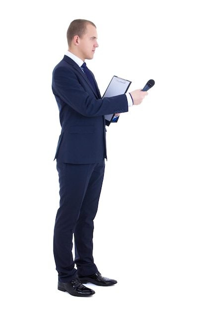 Male reporter with microphone and clipboard isolated on white background