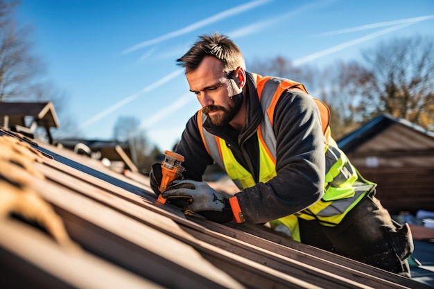 A male roofer is in the process of strengthening the wooden structures of the roof of a house A middleaged Caucasian man is working on the construction of a wooden frame house