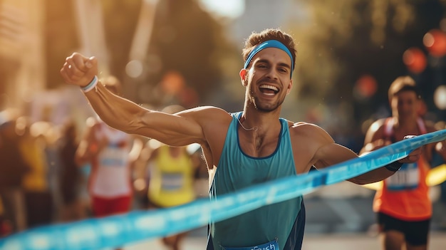 A male runner crosses the finish line with a celebratory fist pump