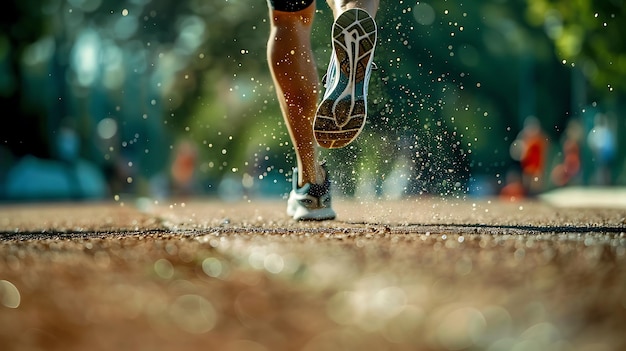 Male runners foot hitting the track with water splash Closeup of runners shoe and foot in action