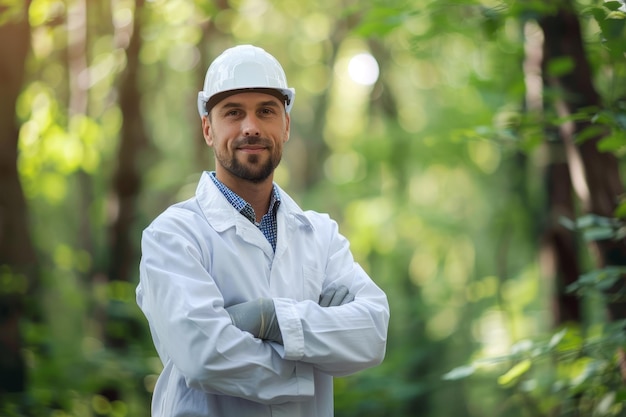 A male scientist in a hard hat and lab coat is standing in the forest