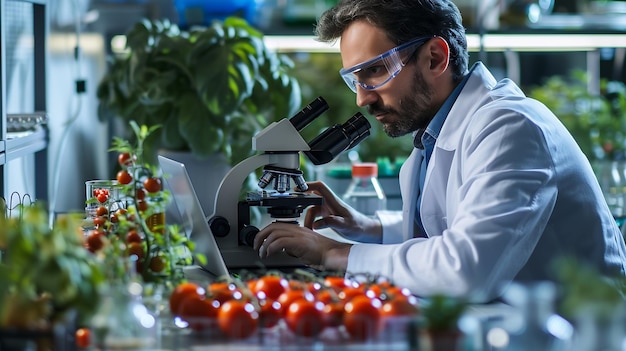 Photo male scientist working on a laptop computer and analyzing a labgrown tomato through generative ai