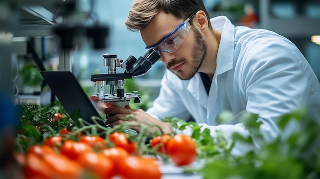 Photo male scientist working on a laptop computer and analyzing a labgrown tomato through generative ai