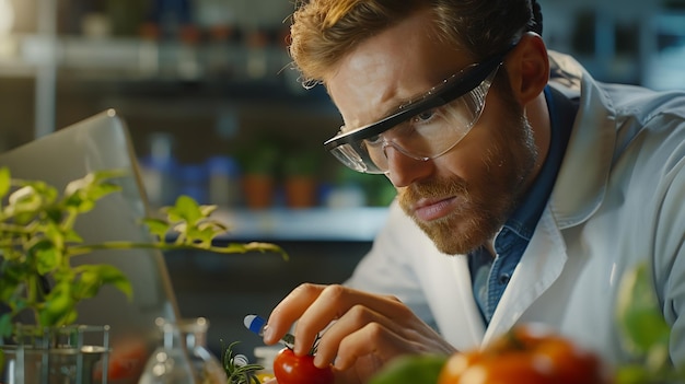 Photo male scientist working on a laptop computer and analyzing a labgrown tomato through generative ai