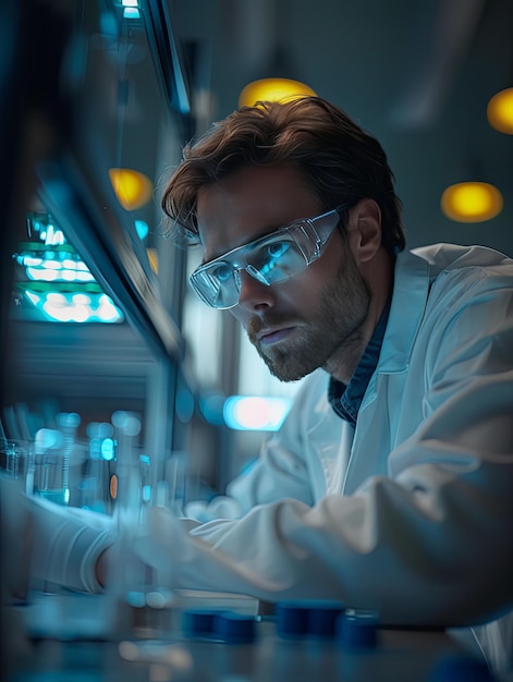 Photo male scientist working on study in laboratory for medical research analysis