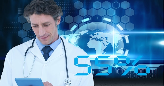 Male senior doctor using digital tablet against globe and data processing on blue background