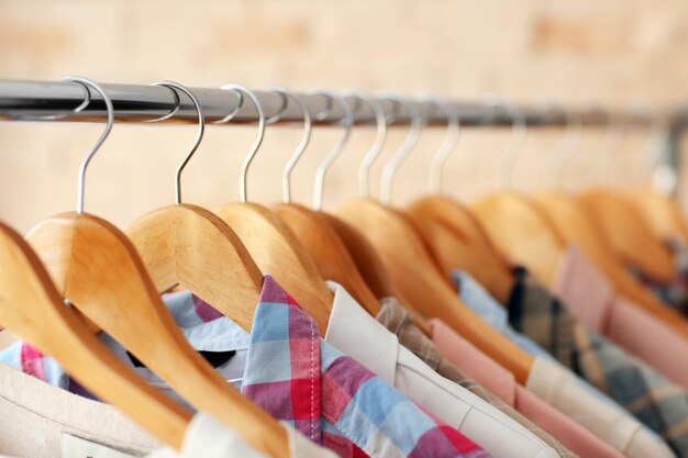 Male shirts on hangers closeup