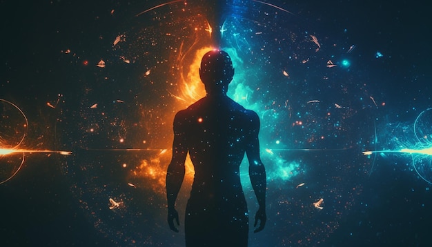 Male silhouette of an astral body on a fantastic cosmic background