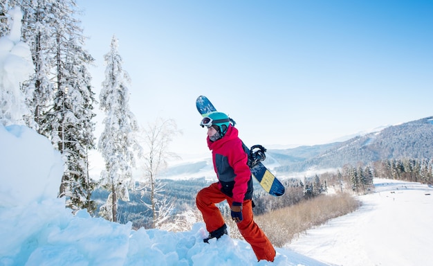 Male snowboarder carrying his board walking in the mountains on sunny winter day