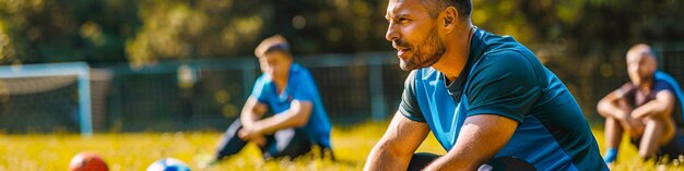 Photo male soccer coach giving instructions to young players during training session