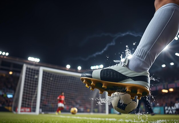 Photo male soccer player with ball on the grass field