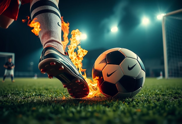 Male soccer player with ball on the grass field