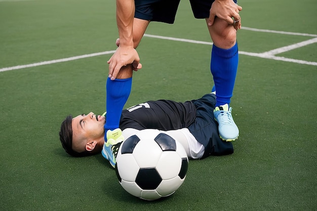 Photo male soccer player with ball on the grass field