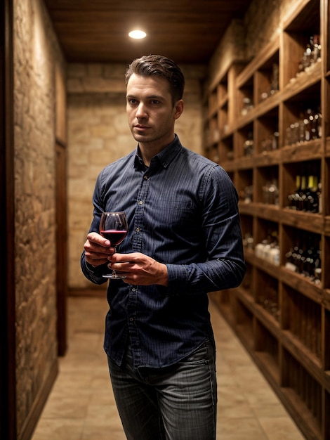 Photo male sommelier carefully examining wine in a glass realistic portrait with focus on the wine glass and concentrated facial expression